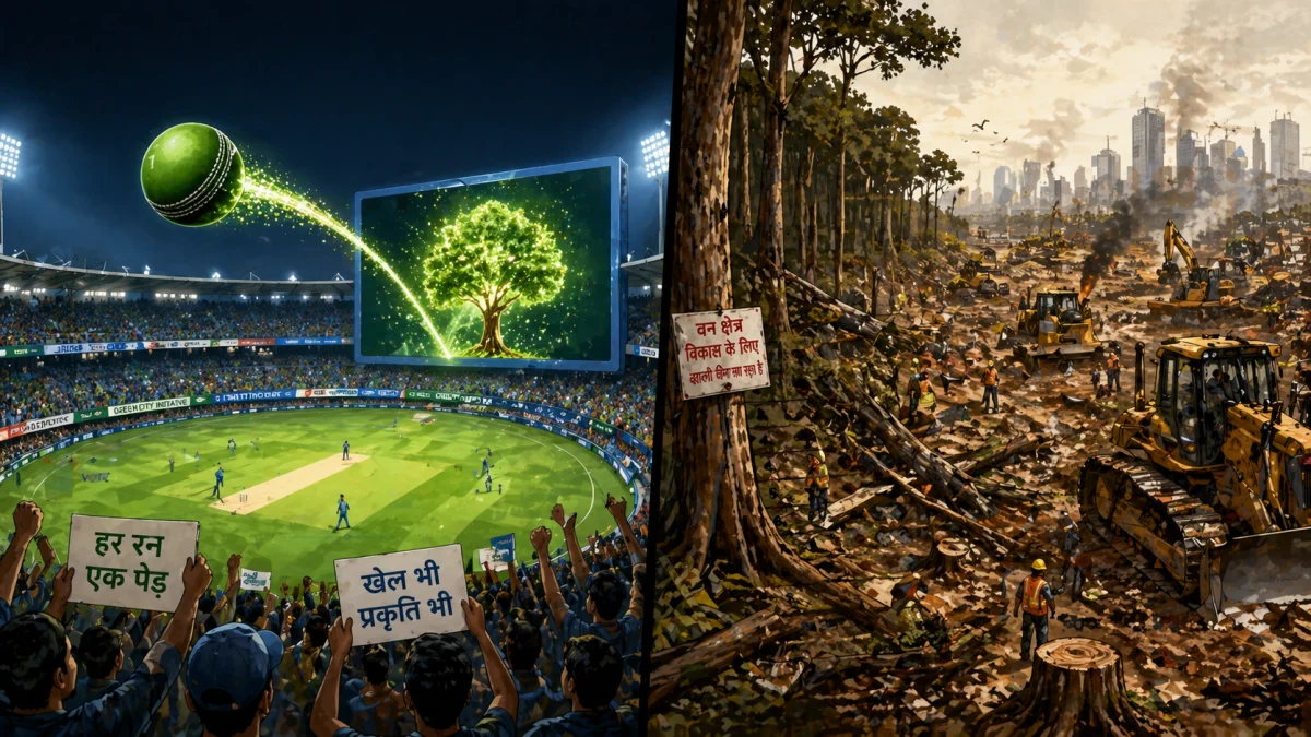 green dot ball tree reality india दिखाता चित्र जिसमें IPL पेड़ और असल में कटते जंगलों की तुलना दिखाई गई है